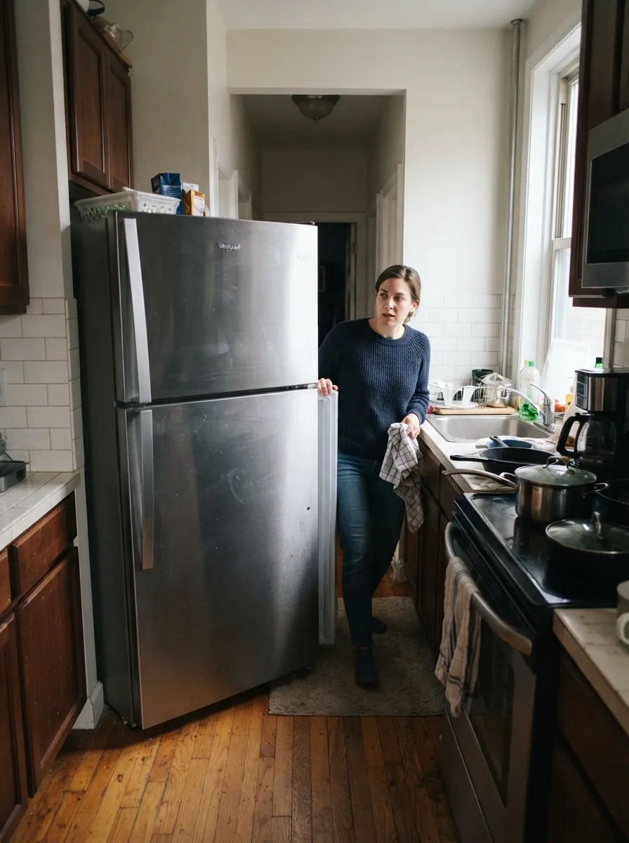 appliance door blocking small kitchen walkway