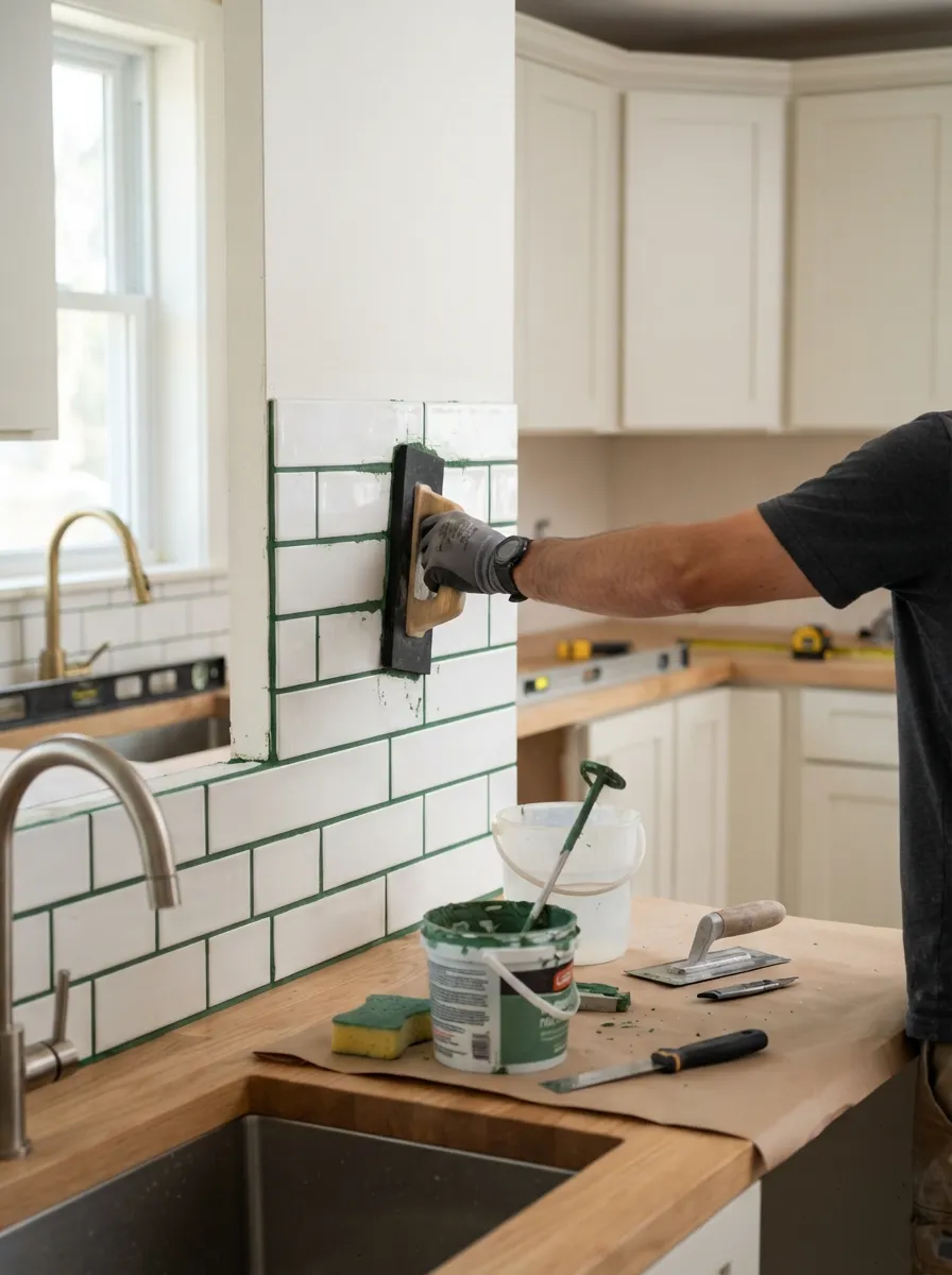 applying white subway tile backsplash pattern