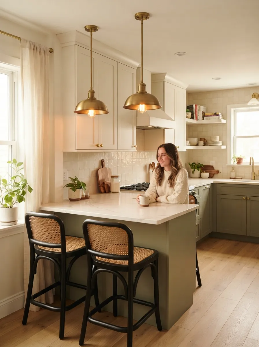 brass pendant lights over small kitchen breakfast nook