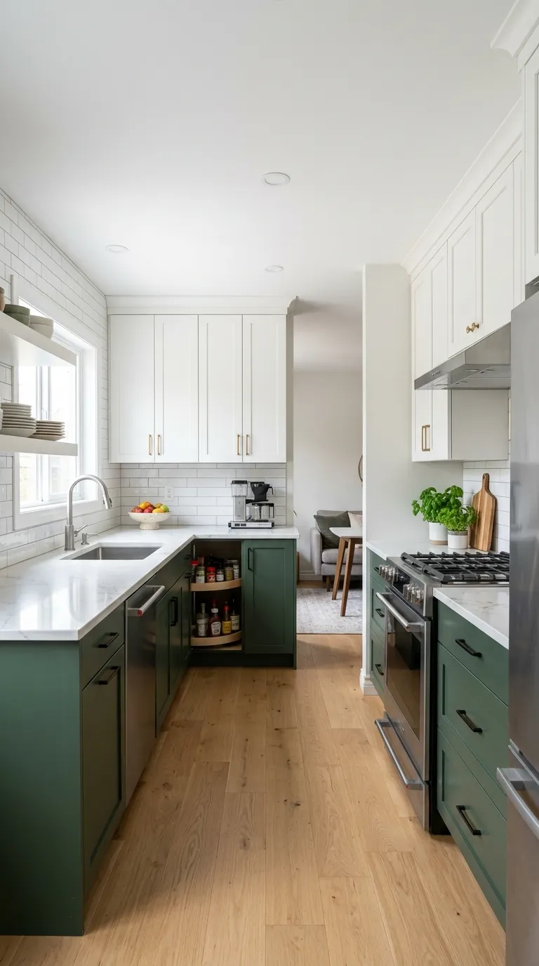 bright L-shaped kitchen with green cabinets and corner solutions