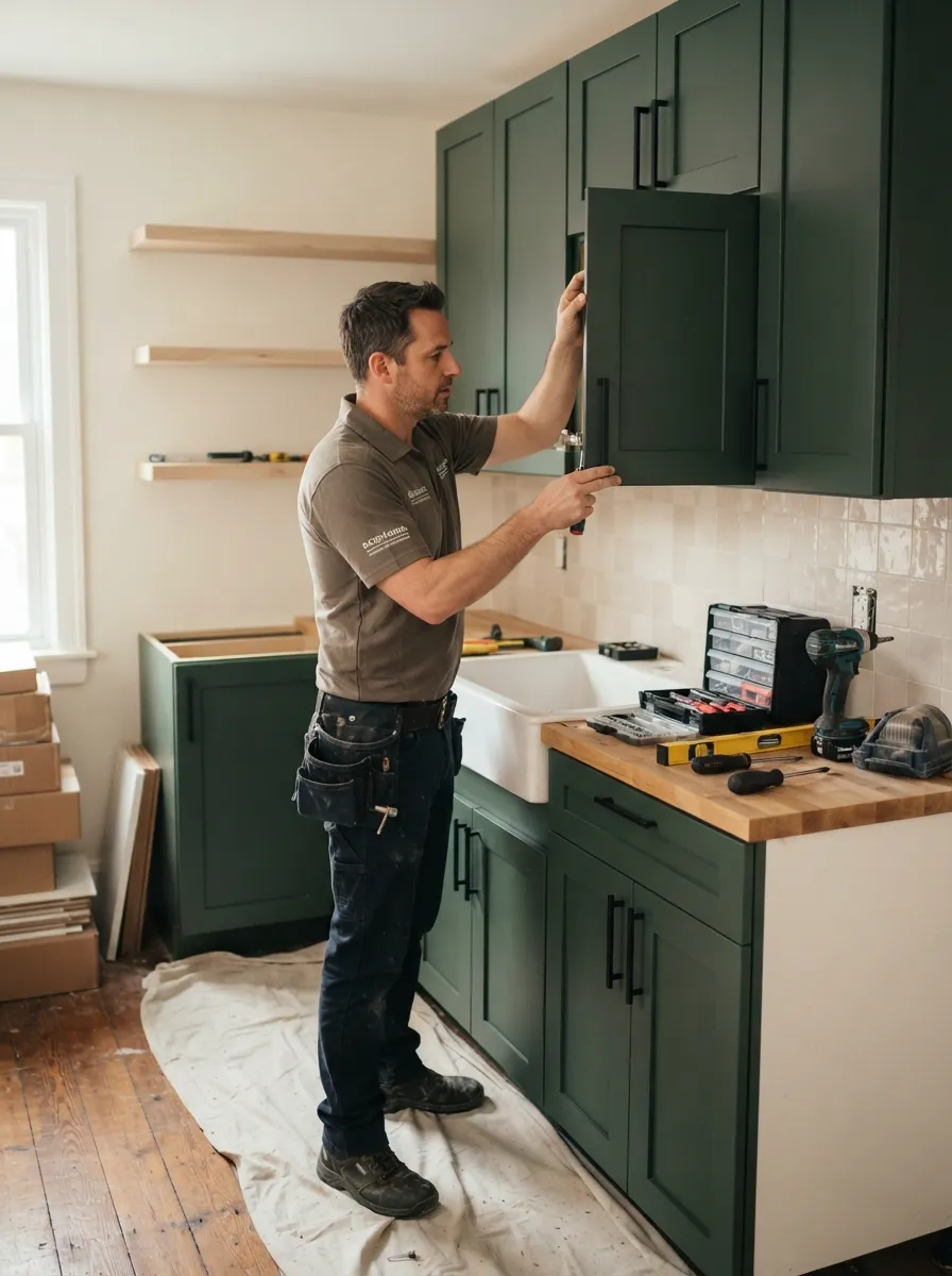 professional cabinet installer checking level during corner installation