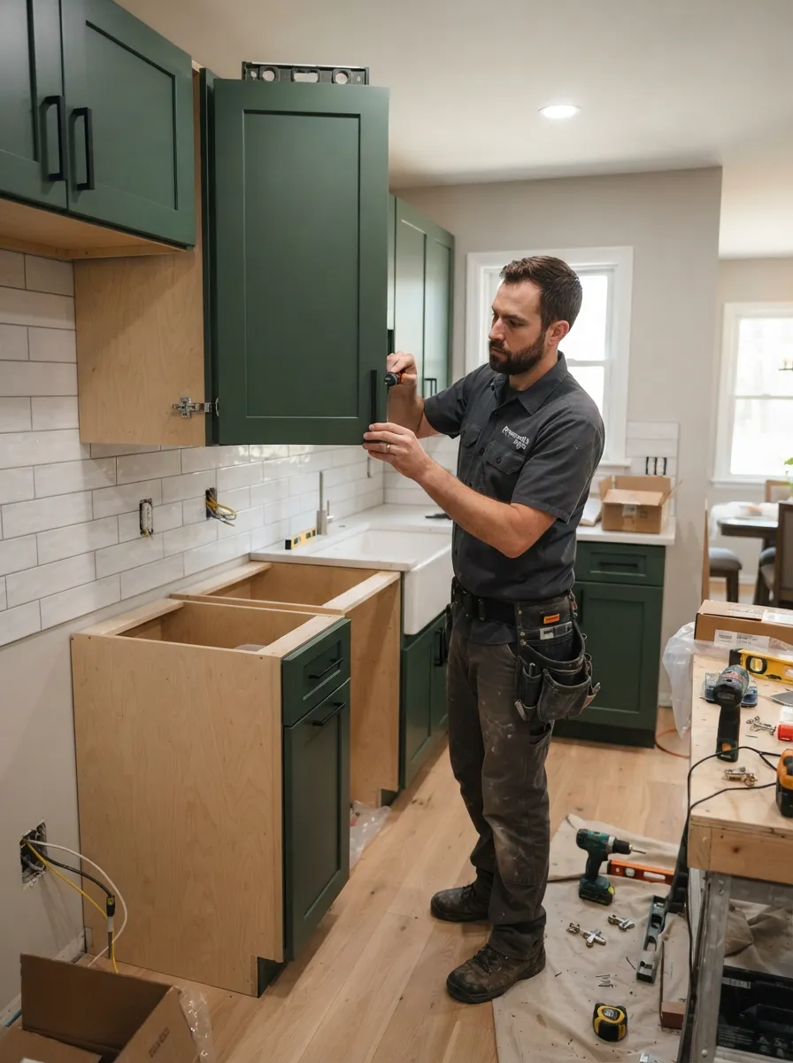 cabinet hardware installation in a small kitchen