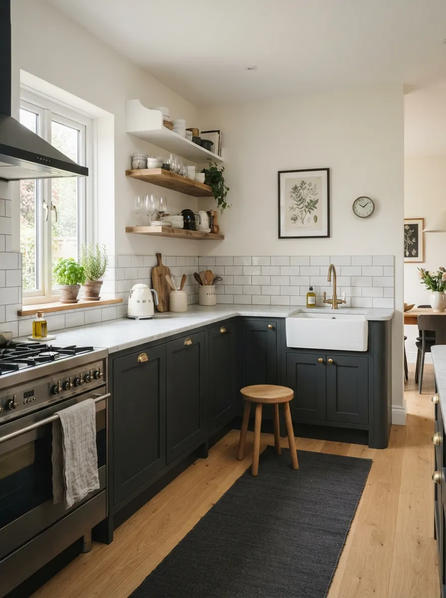 charcoal accent color used selectively in a small kitchen
