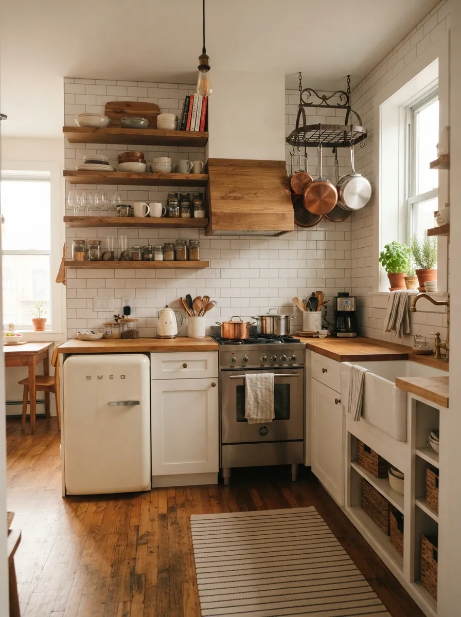 compact L-shaped kitchen with open corner shelving system