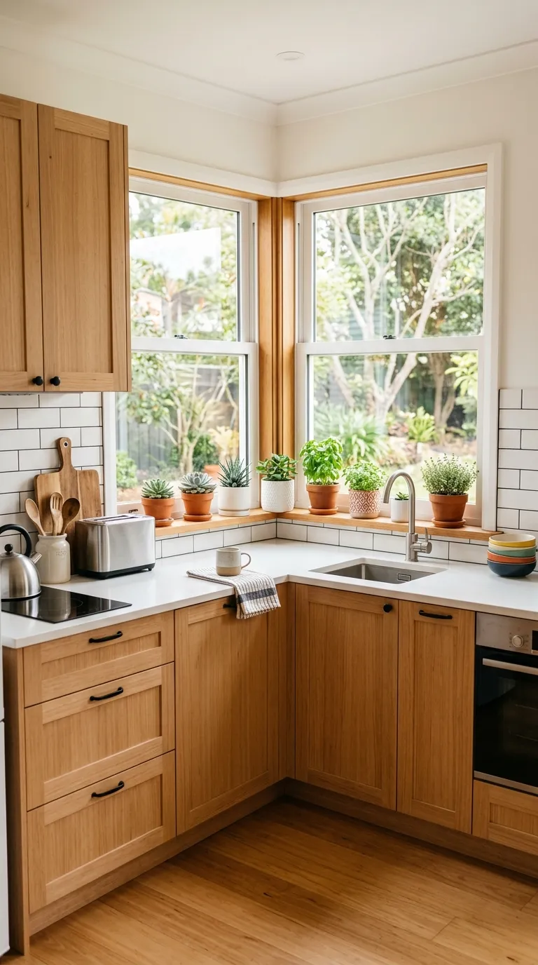 L-shaped kitchen corner with wood cabinets and organized storage