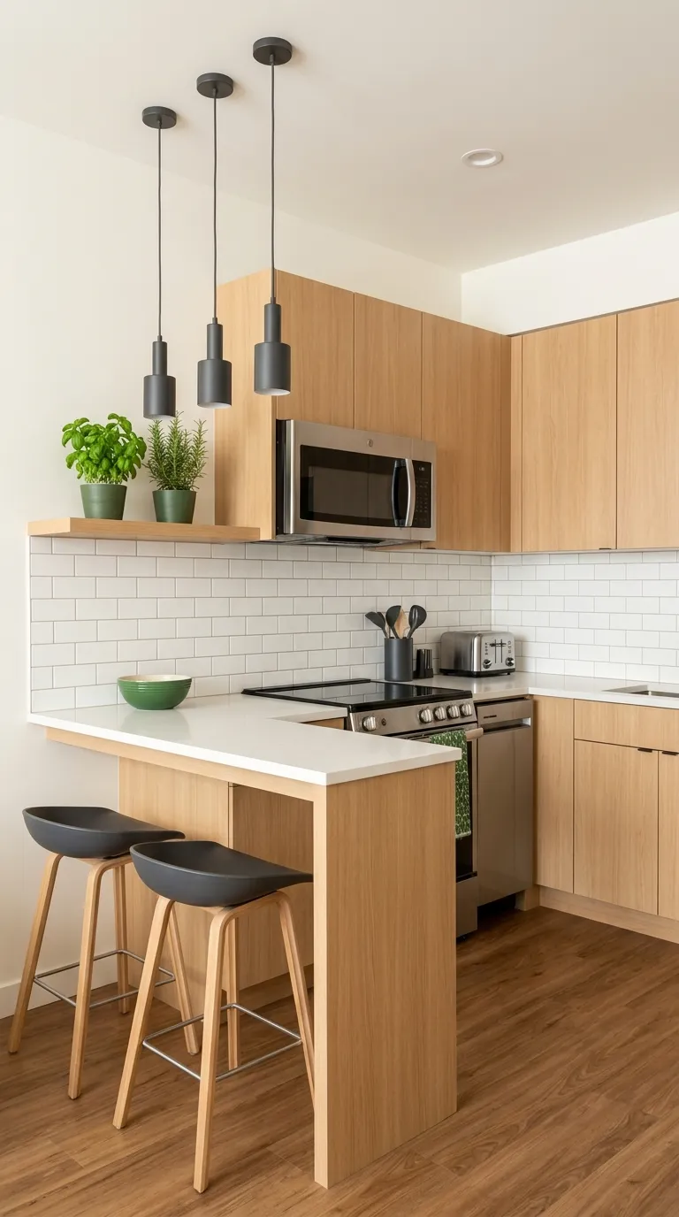 compact apartment kitchen with wood cabinetry