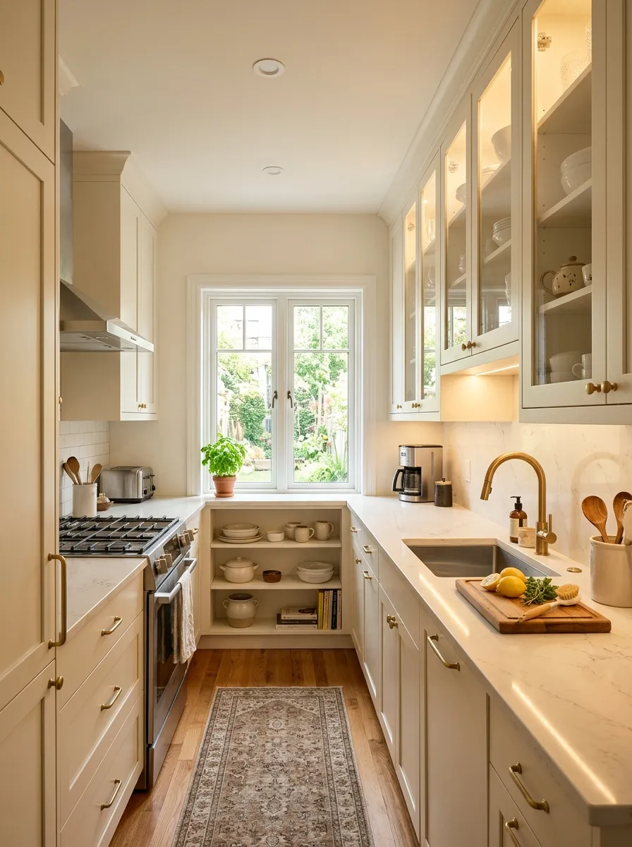 compact-galley-kitchen-glass-cabinet-doors-open-shelving-mixed