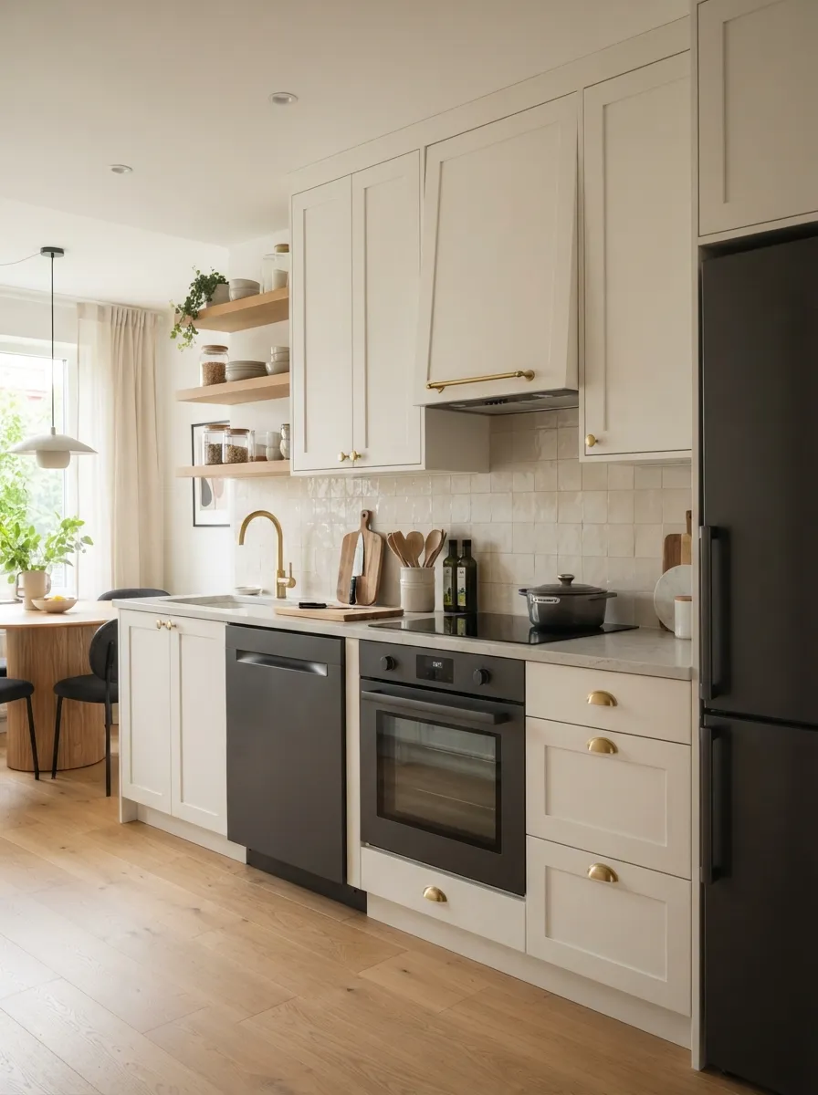 compact small kitchen with charcoal-toned finishes