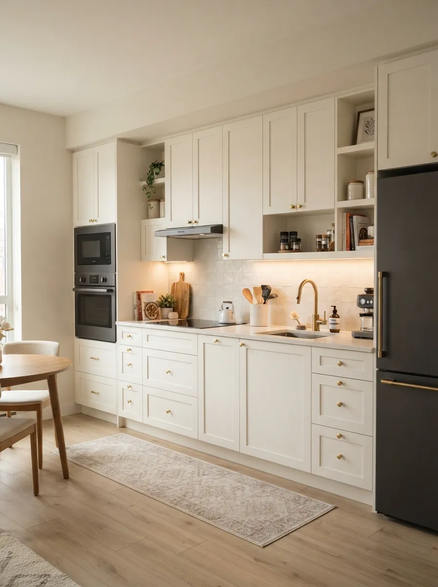 compact-one-wall-kitchen-charcoal-cabinets-modern-appliances