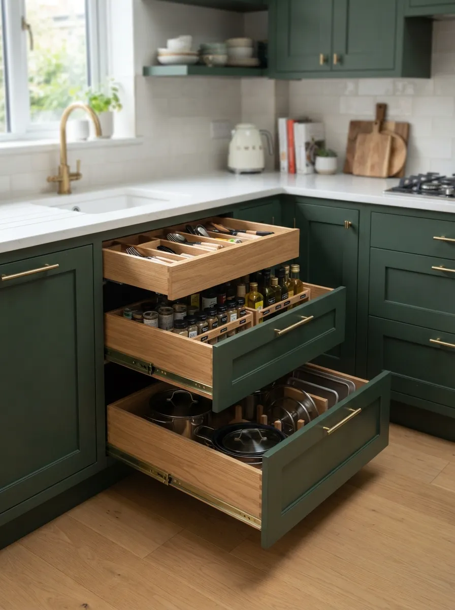 angled corner drawer system in small kitchen maximizing storage