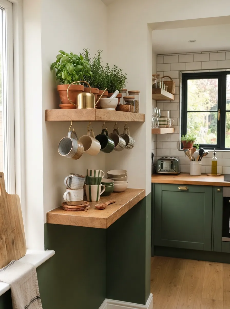 trapezoid corner shelving with forest green accents displaying dishes
