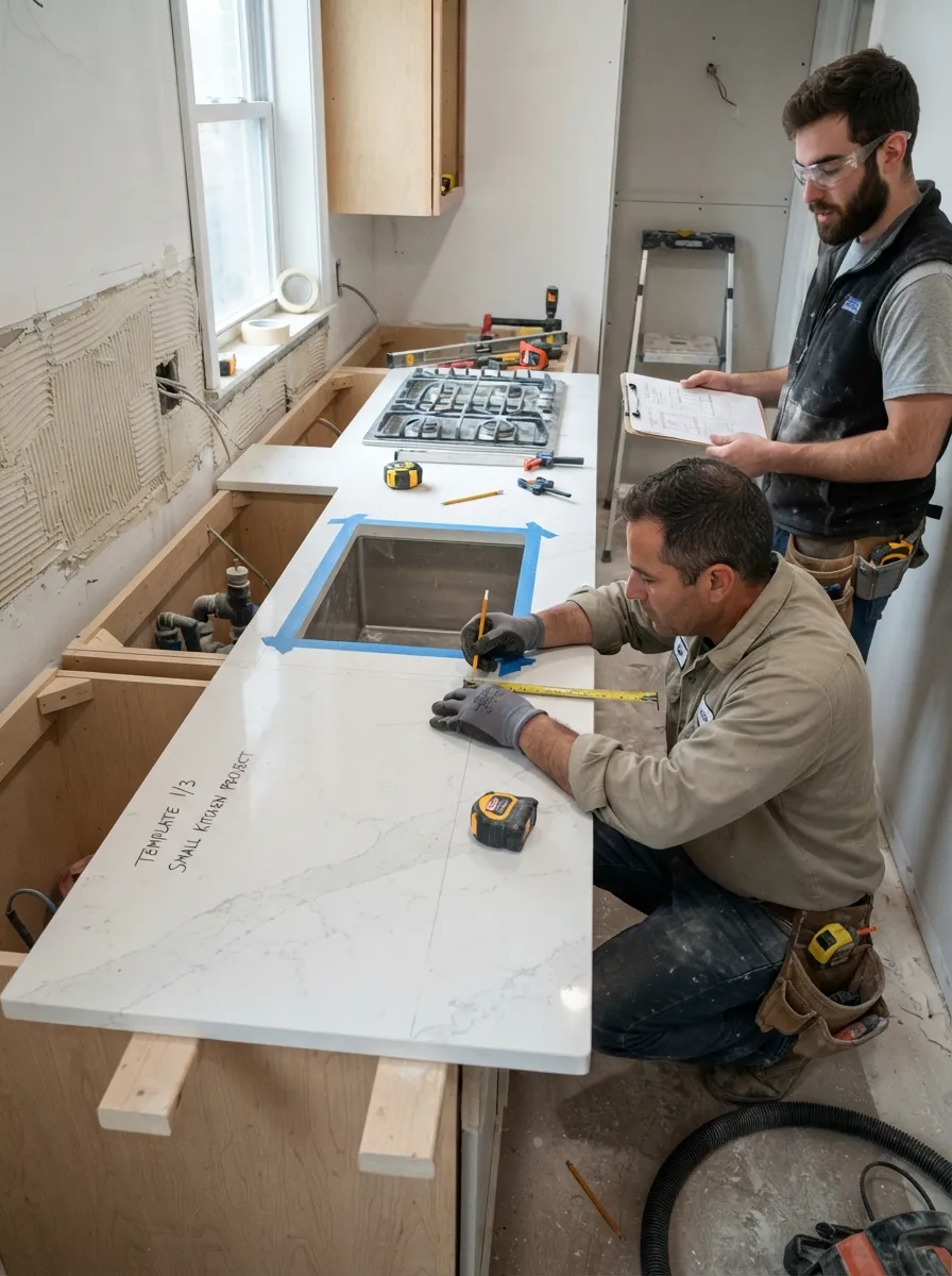countertop template fabrication process for small kitchen