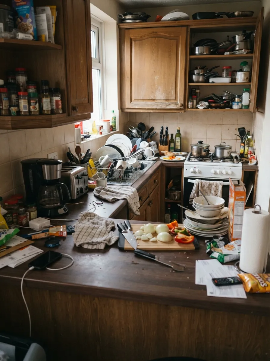 countertops showing poor prep space in a cluttered small kitchen