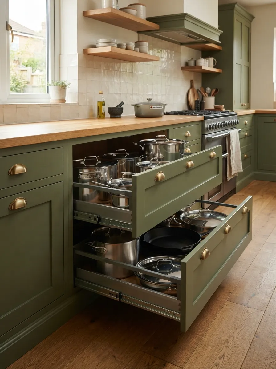 deep kitchen drawers showing organized storage