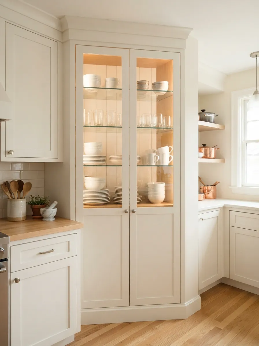diagonal corner cabinet with angled door showing improved accessibility