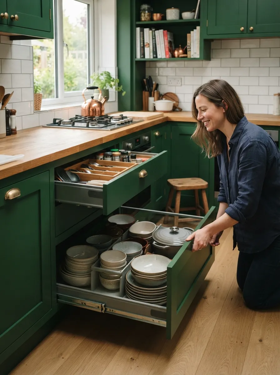 diagonal corner drawers in compact green kitchen showing angled configuration