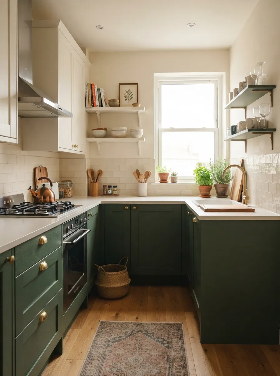 forest-green-cabinets-warm-white-walls-balanced-color-temperature