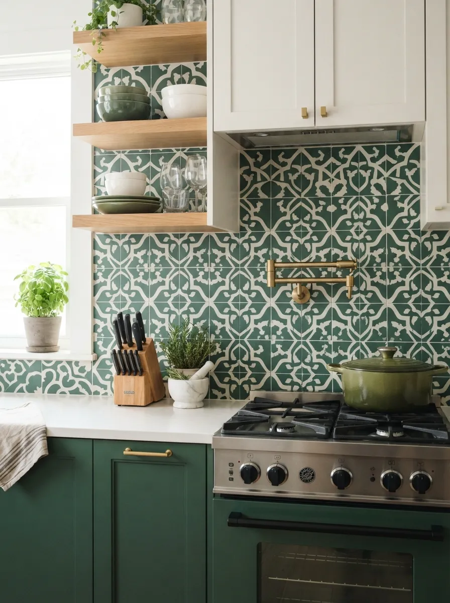 geometric-tile-backsplash-green-white-pattern-modern-kitchen