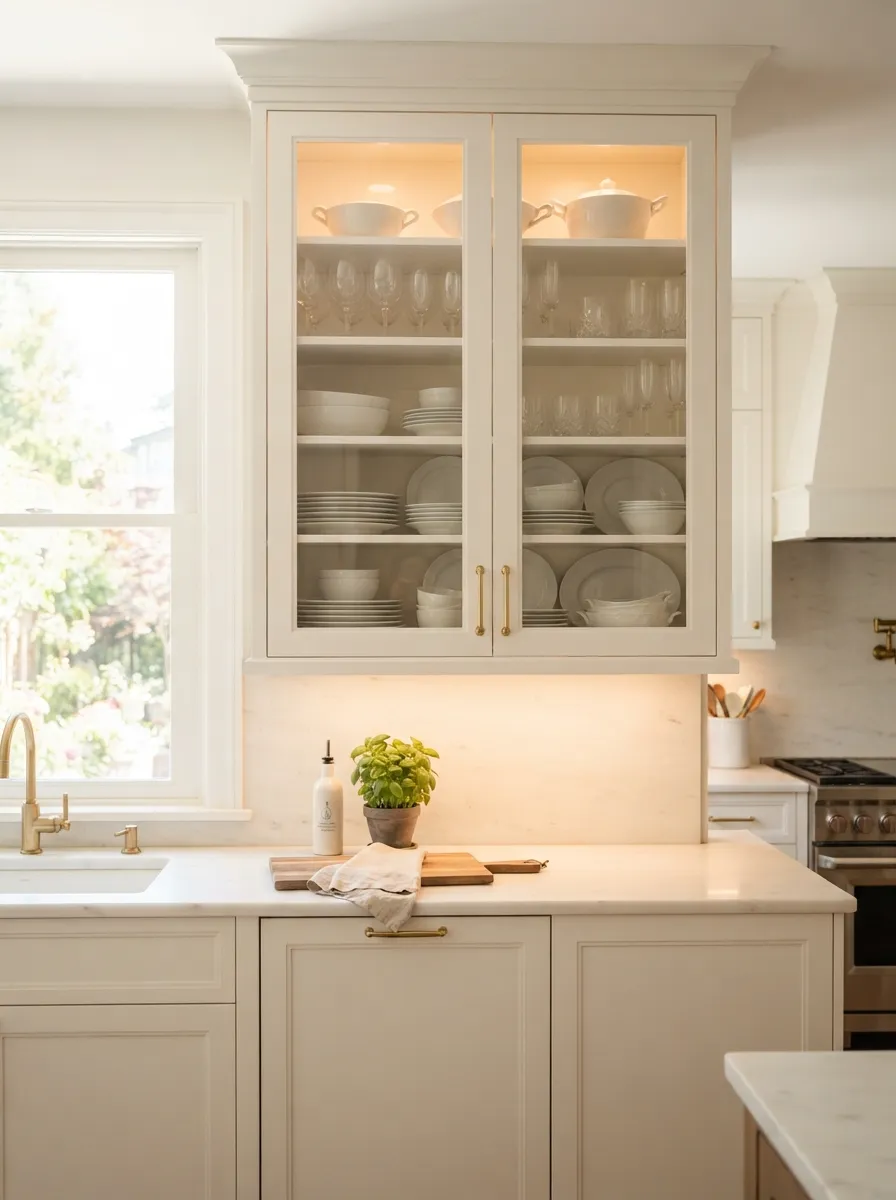 glass-front corner cabinet displaying organized dishes and glassware