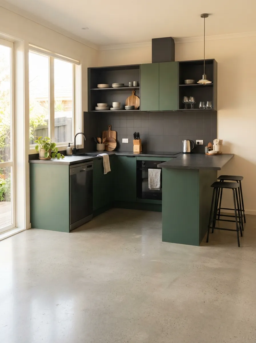 grey concrete tone small kitchen with forest green accents