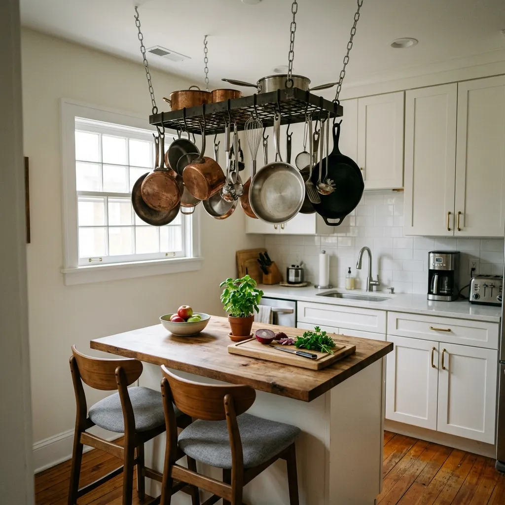 corner pot rack displaying hanging pots and pans in small kitchen