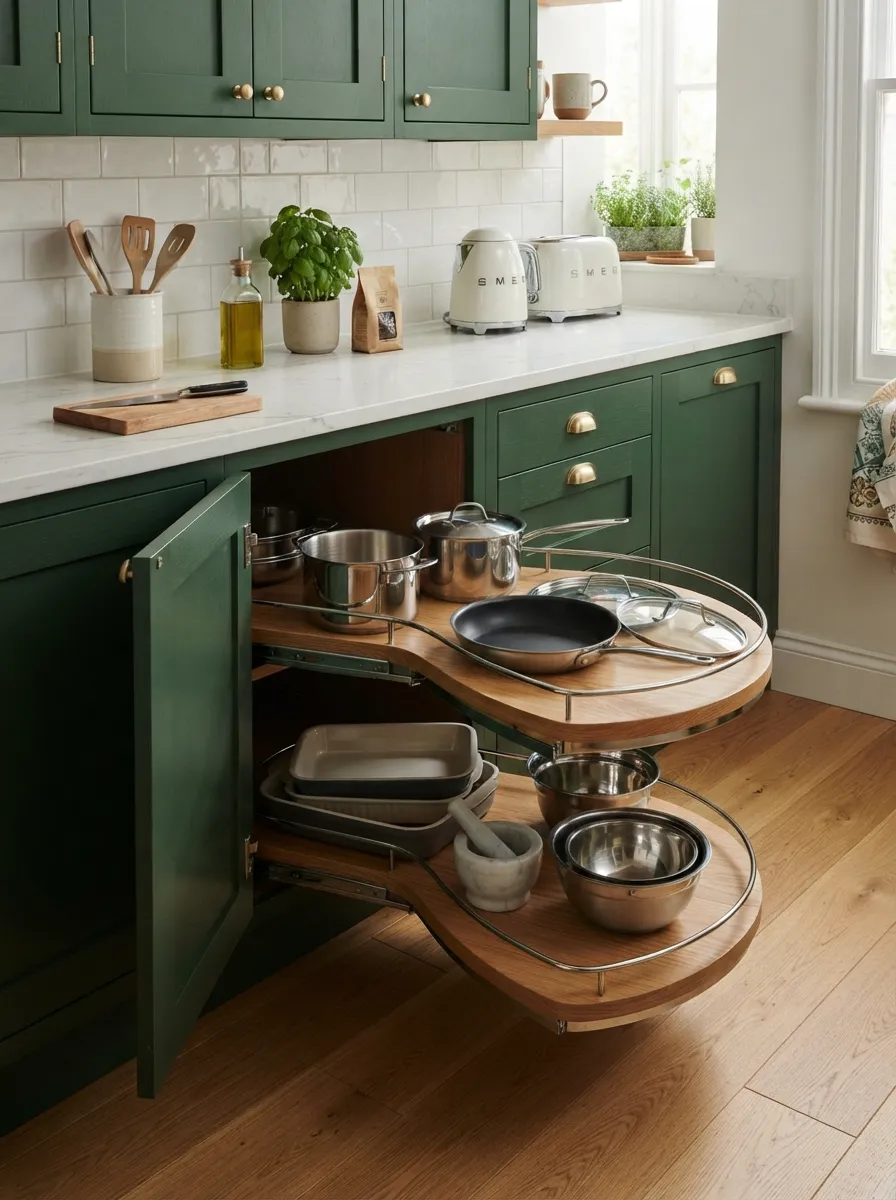 kidney-shaped lazy susan in corner cabinet maximizing usable space