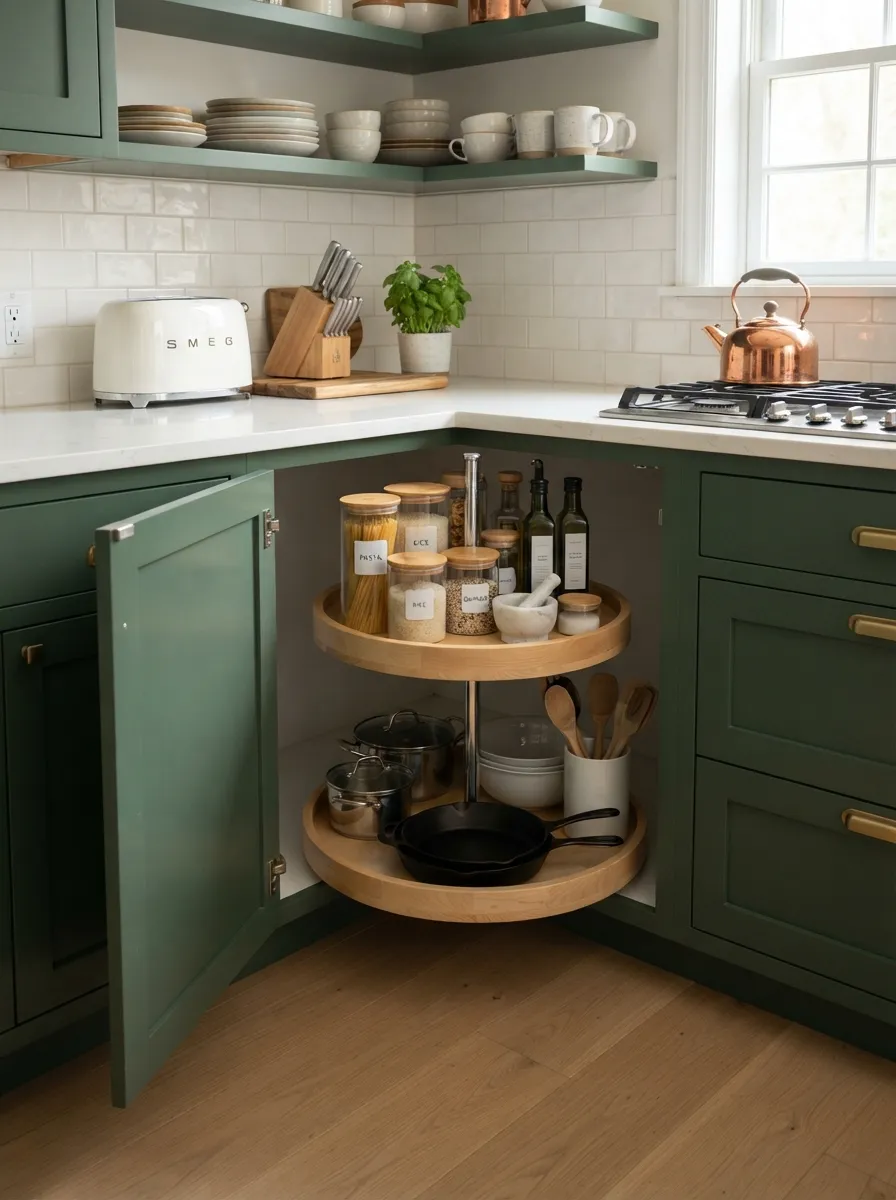 lazy susan rotating shelf system in corner cabinet showing accessibility