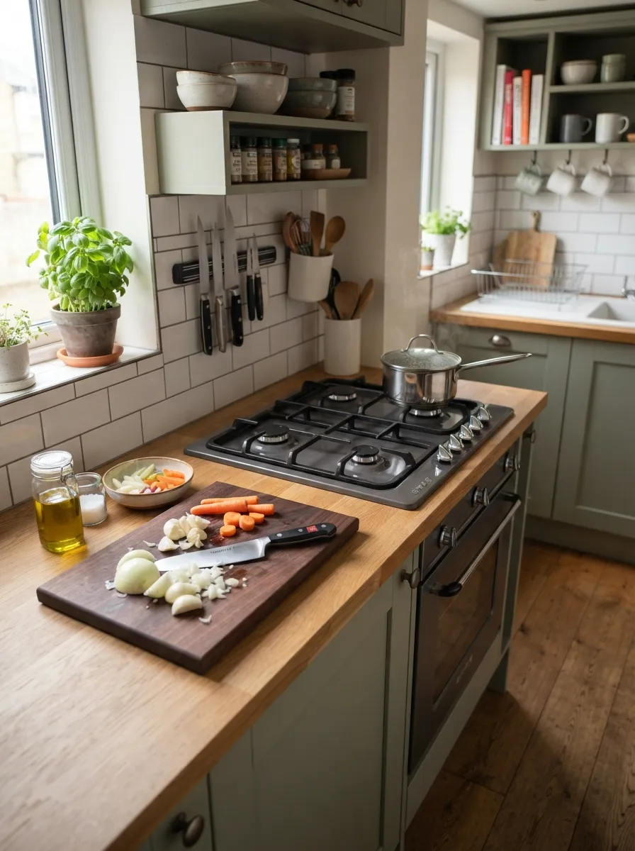 kitchen landing zone efficiency next to stove in small kitchen