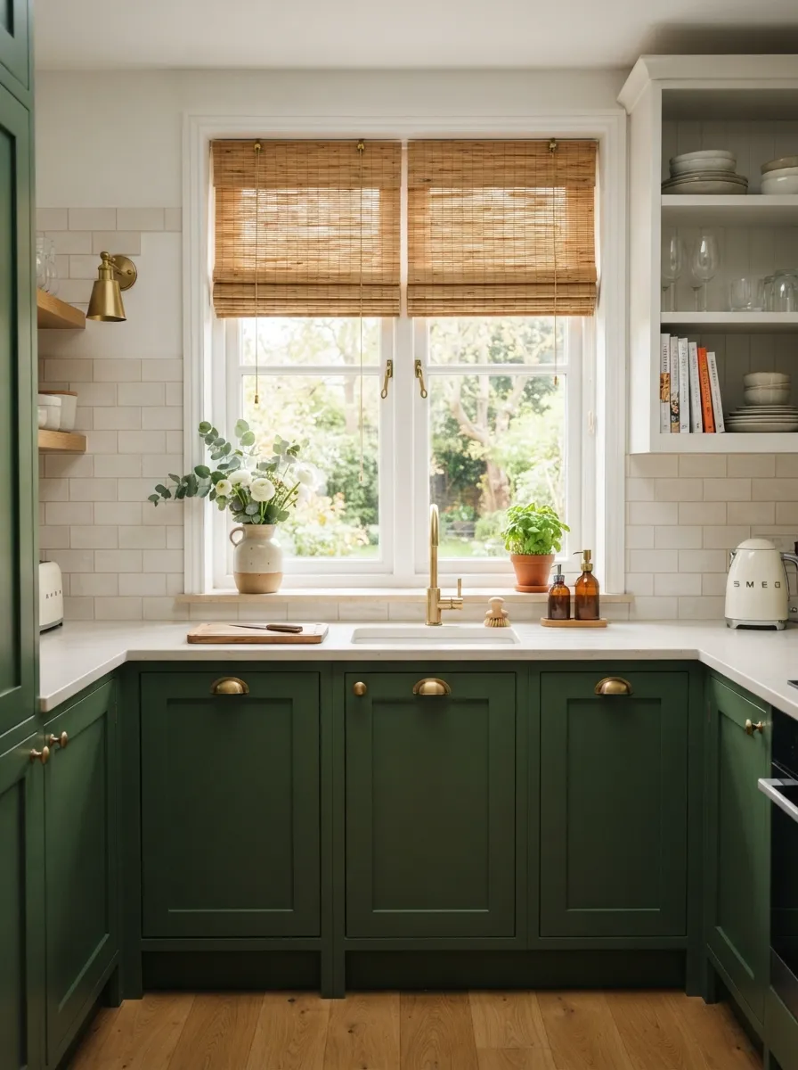 small kitchen window with bamboo woven shades