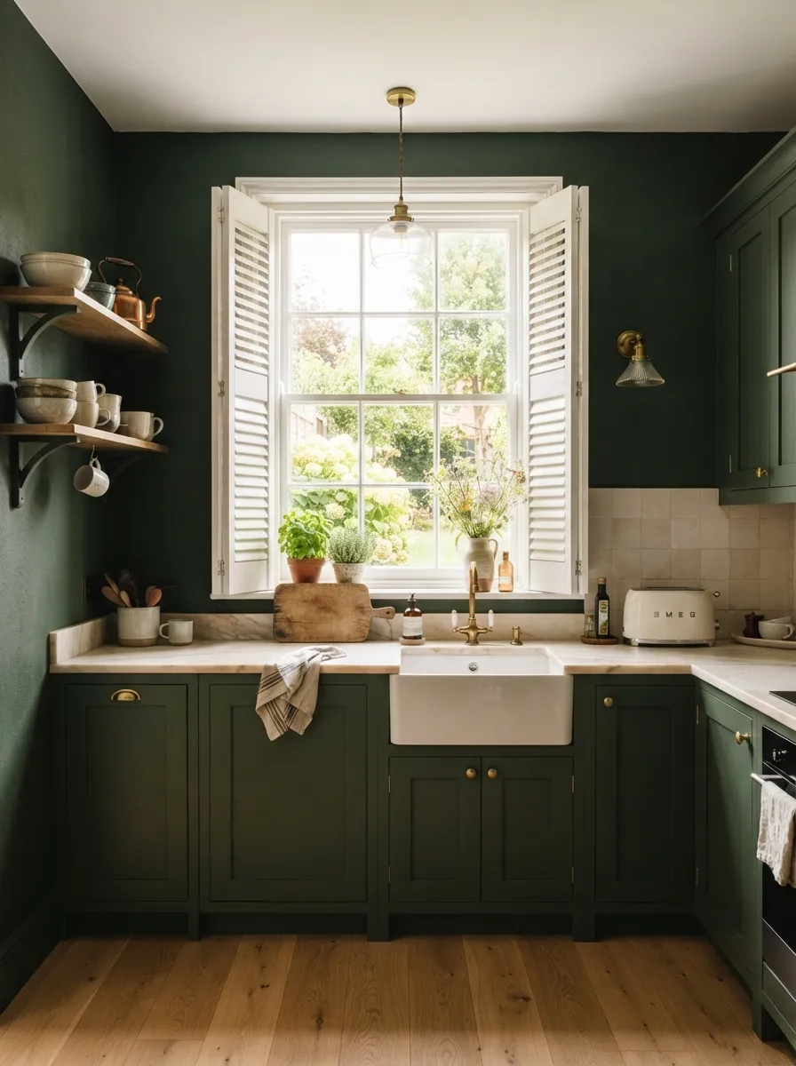 small kitchen window with white plantation shutters