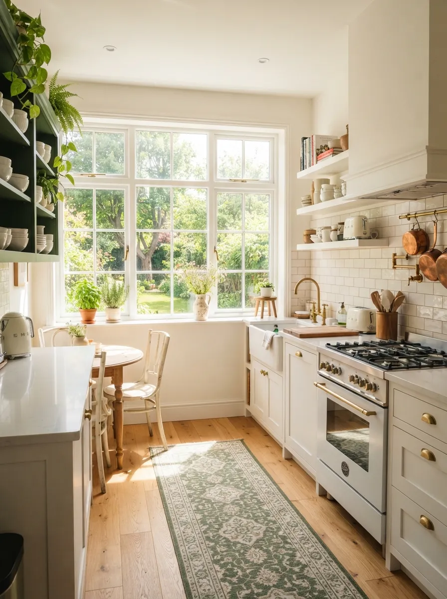 small kitchen window treatment with forest green cabinetry