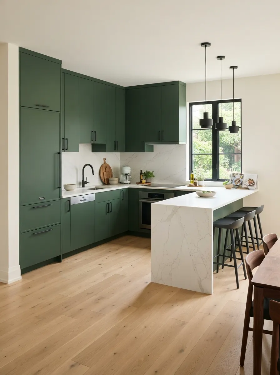forest green L-shaped kitchen corner with modern storage solutions