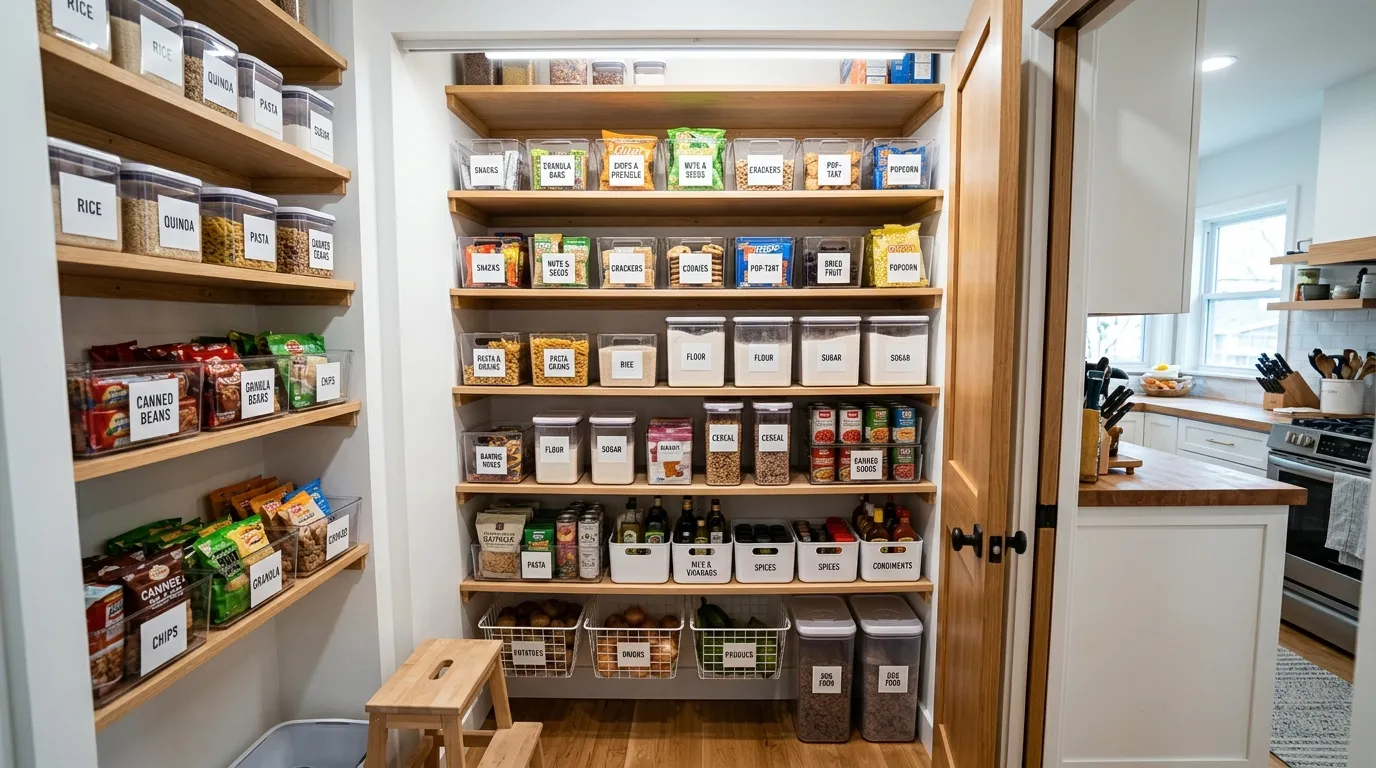 labeled storage bins organizing a small kitchen pantry
