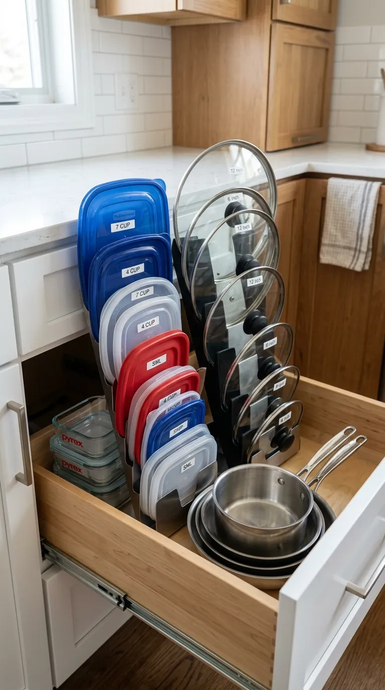 lid organizer for tupperware and pots in small kitchen