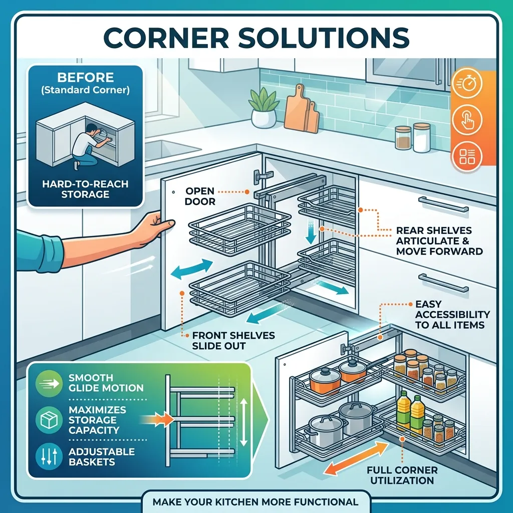 magic corner pull out system extracting from deep corner cabinet