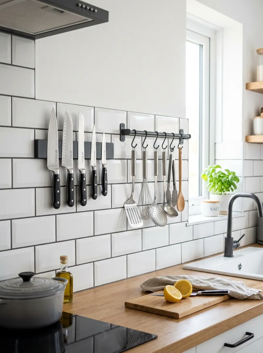 corner hanging rail system with magnetic strip and S-hooks for utensils
