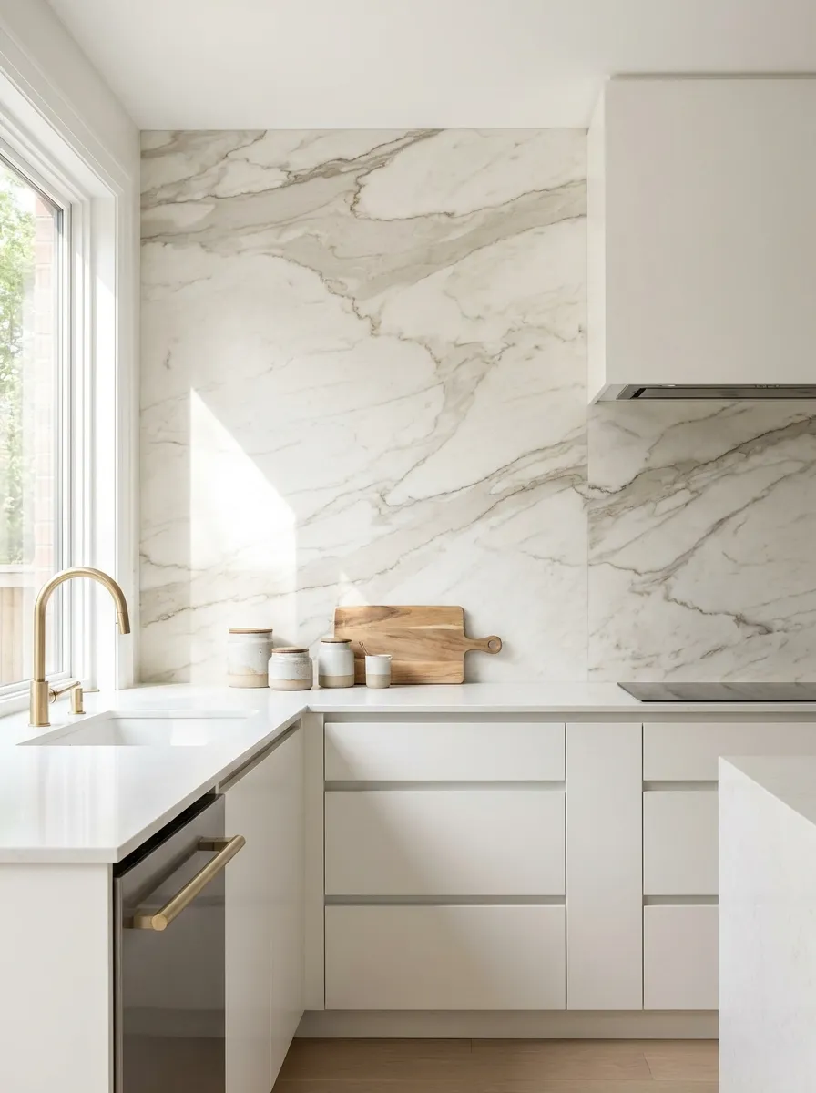speckled white and grey stone surface in a small kitchen