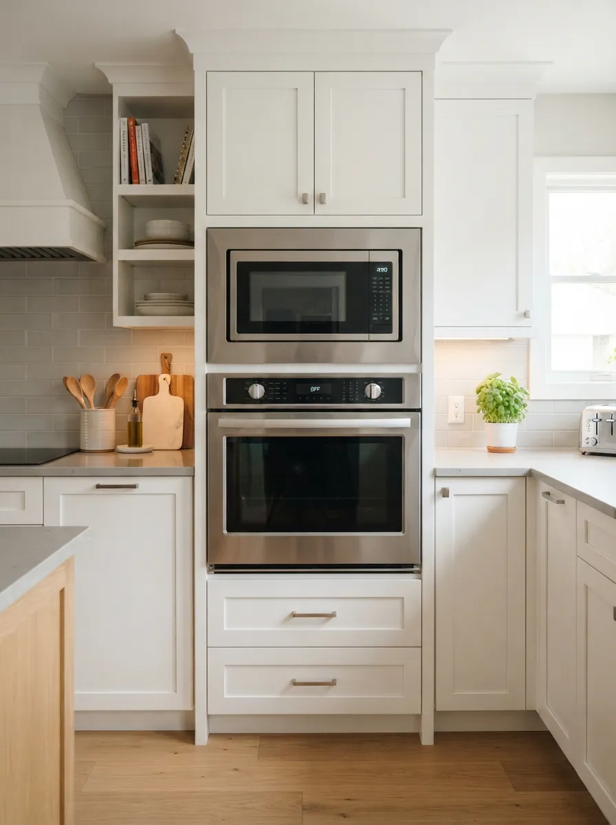 microwave oven stacked in white cabinet small kitchen