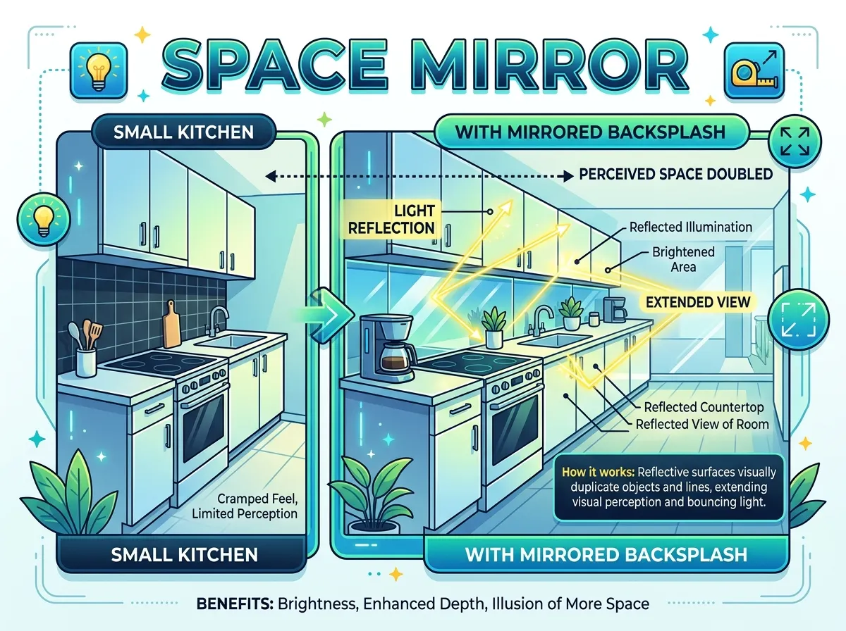 mirrored backsplash visually doubling the size of a very small kitchen