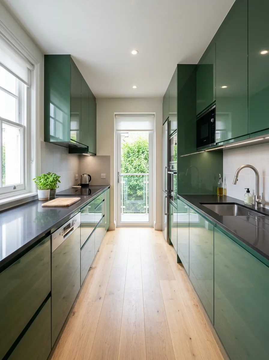 modern-galley-kitchen-green-cabinets-bold-contemporary-style