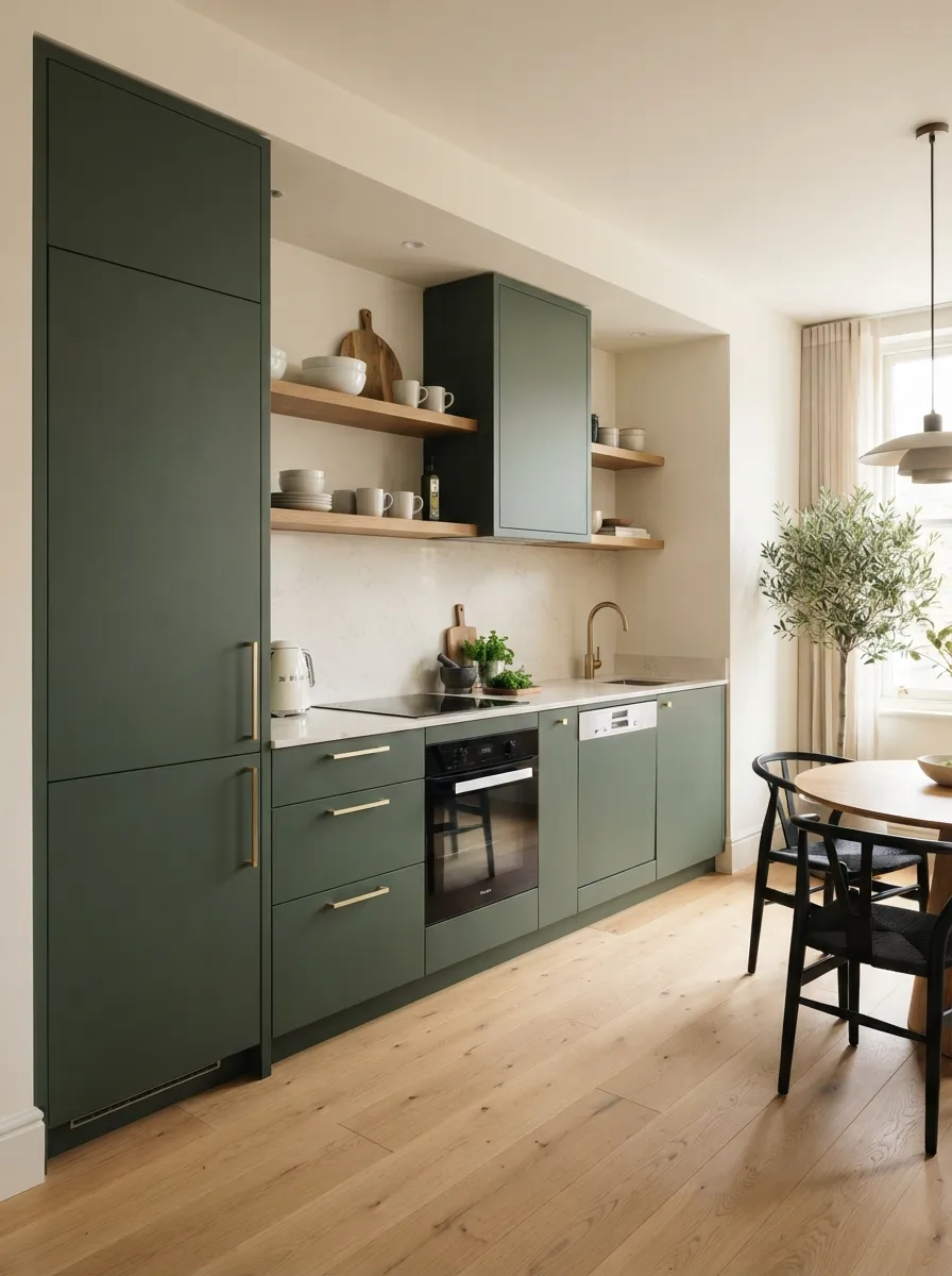 modern-one-wall-kitchen-green-pendant-lights-accent-color