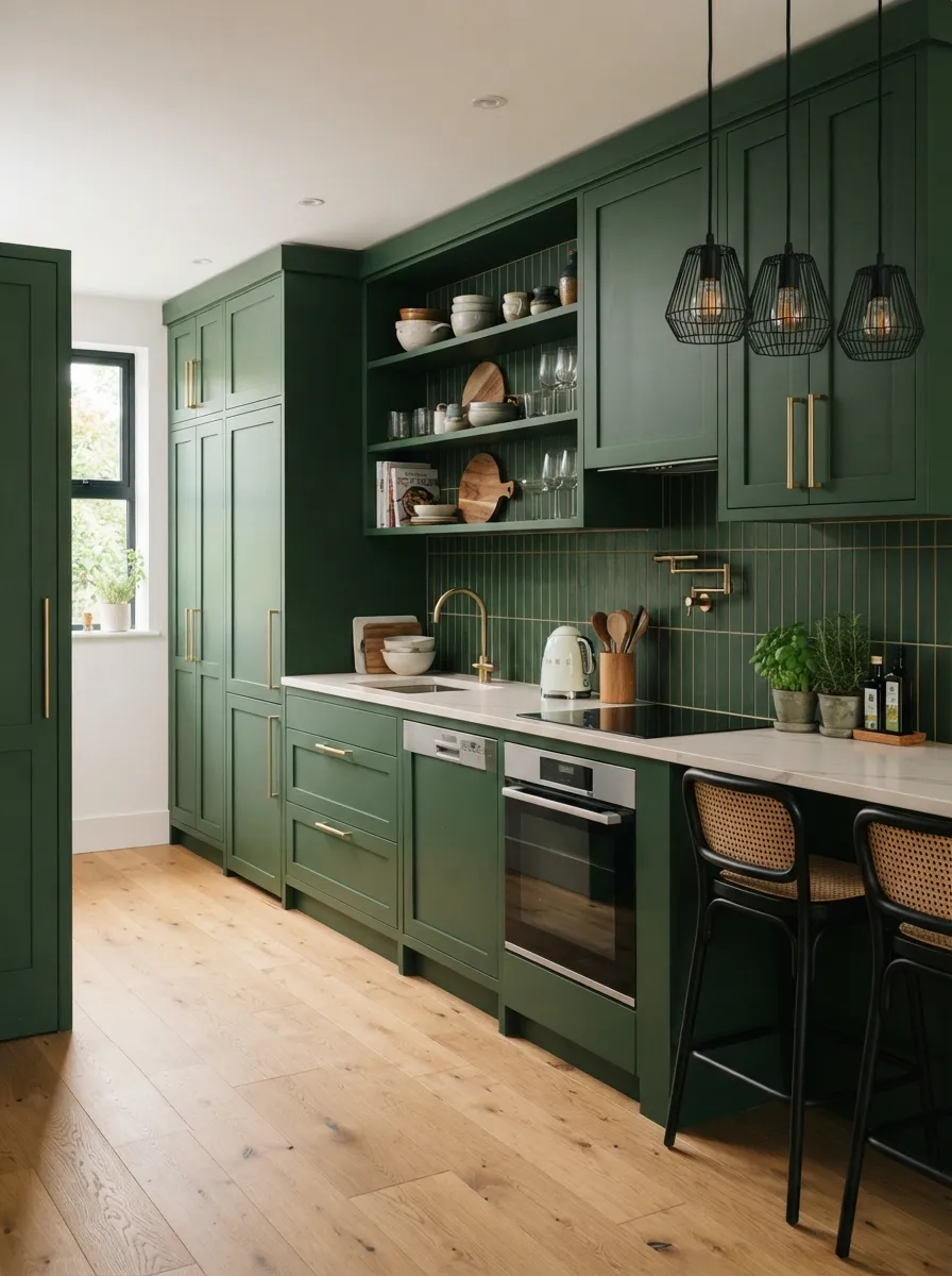 modern-kitchen-green-pendant-white-cabinets-coordinated-colors