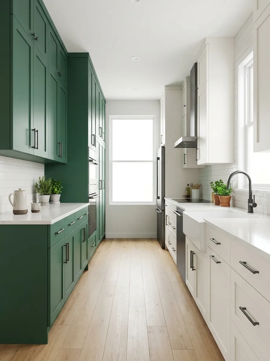 narrow-galley-kitchen-two-tone-cabinets-white-green-corridor