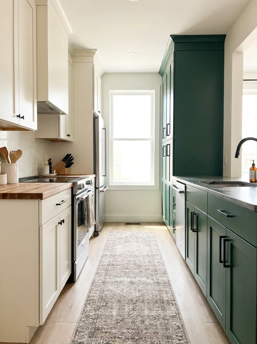 narrow-galley-kitchen-two-tone-cabinets-white-green-visual-interest
