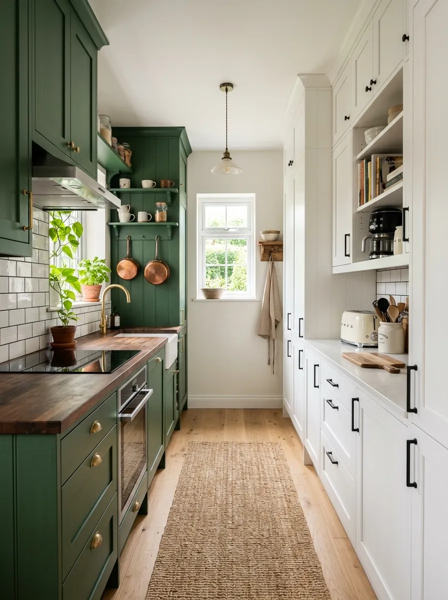 narrow-galley-two-tone-cabinets-white-green-visual-depth