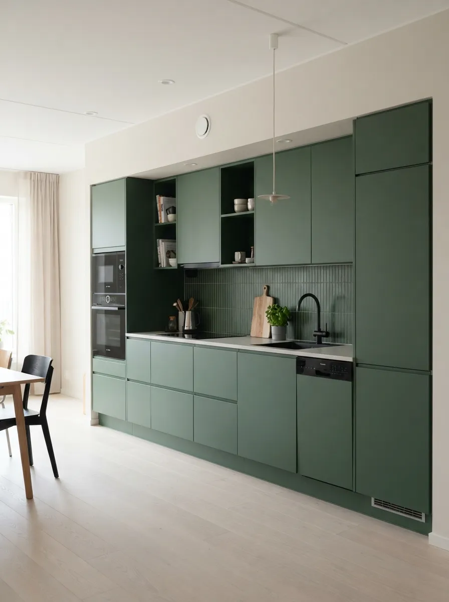 one-wall-open-kitchen-forest-green-cabinets-contemporary-design