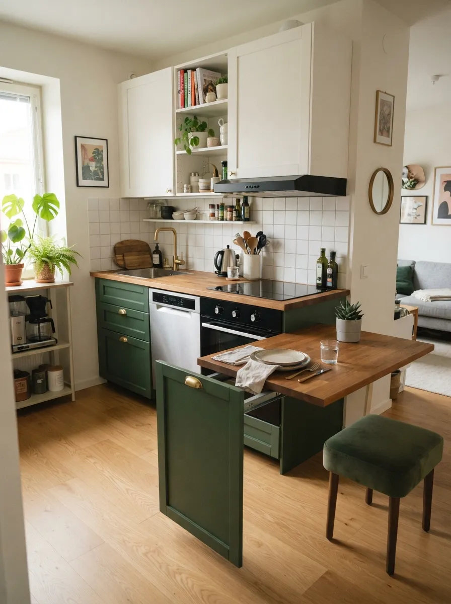 one-wall-kitchen-hidden-pull-out-table-space-saving-open-design