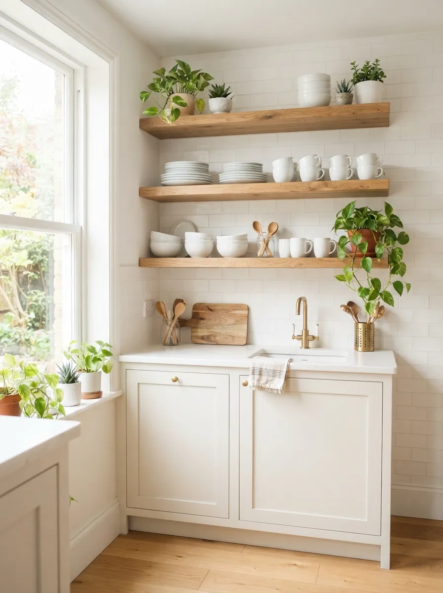 open shelving in a small kitchen displaying white dishware and plants