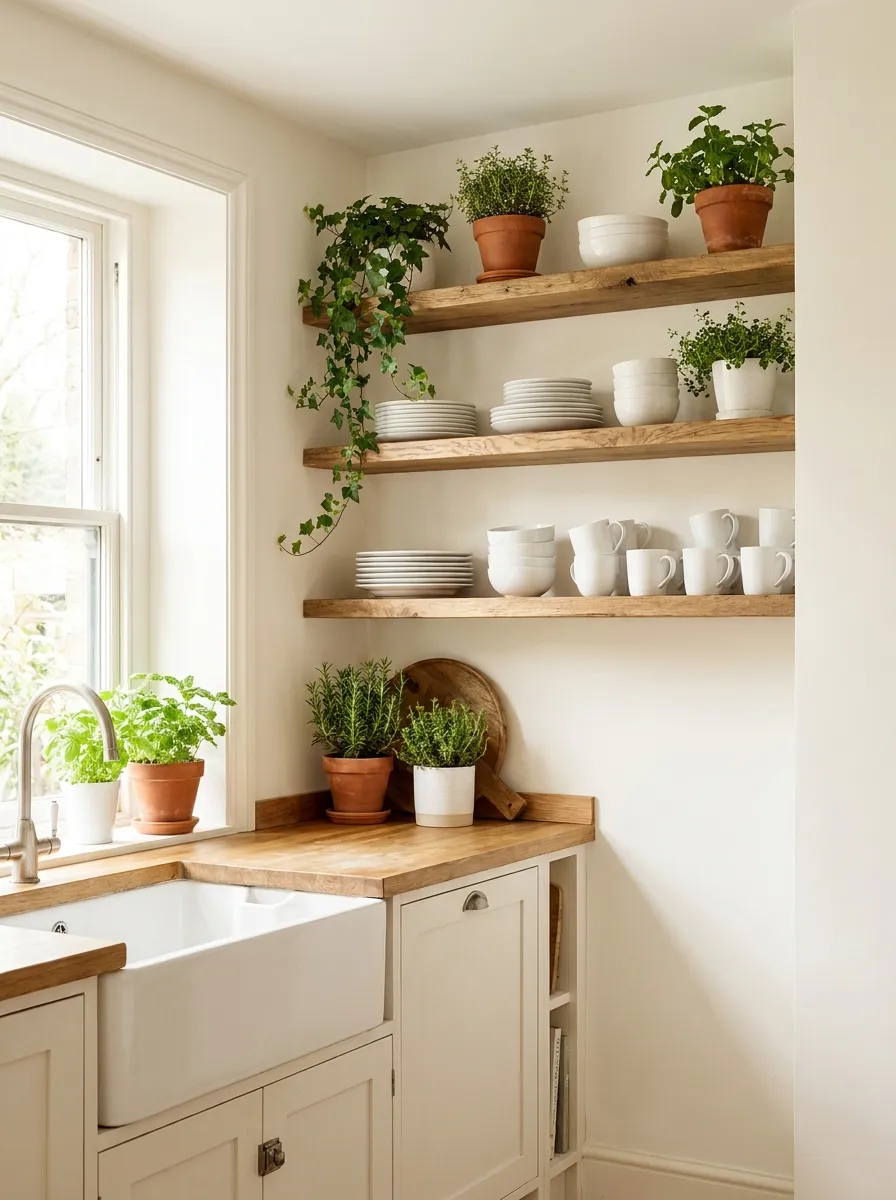 open-shelves-white-dishes-plants-small-kitchen-display