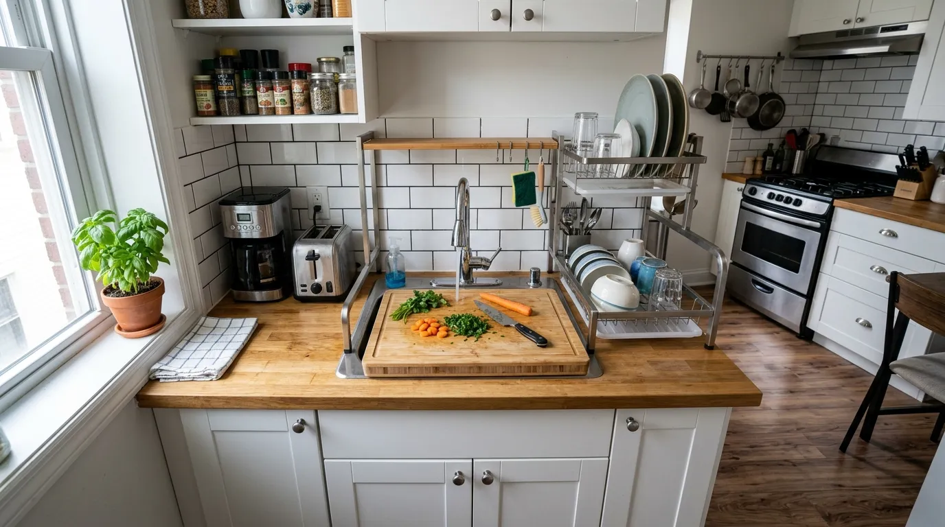 over the sink cutting board adding prep space in small kitchen